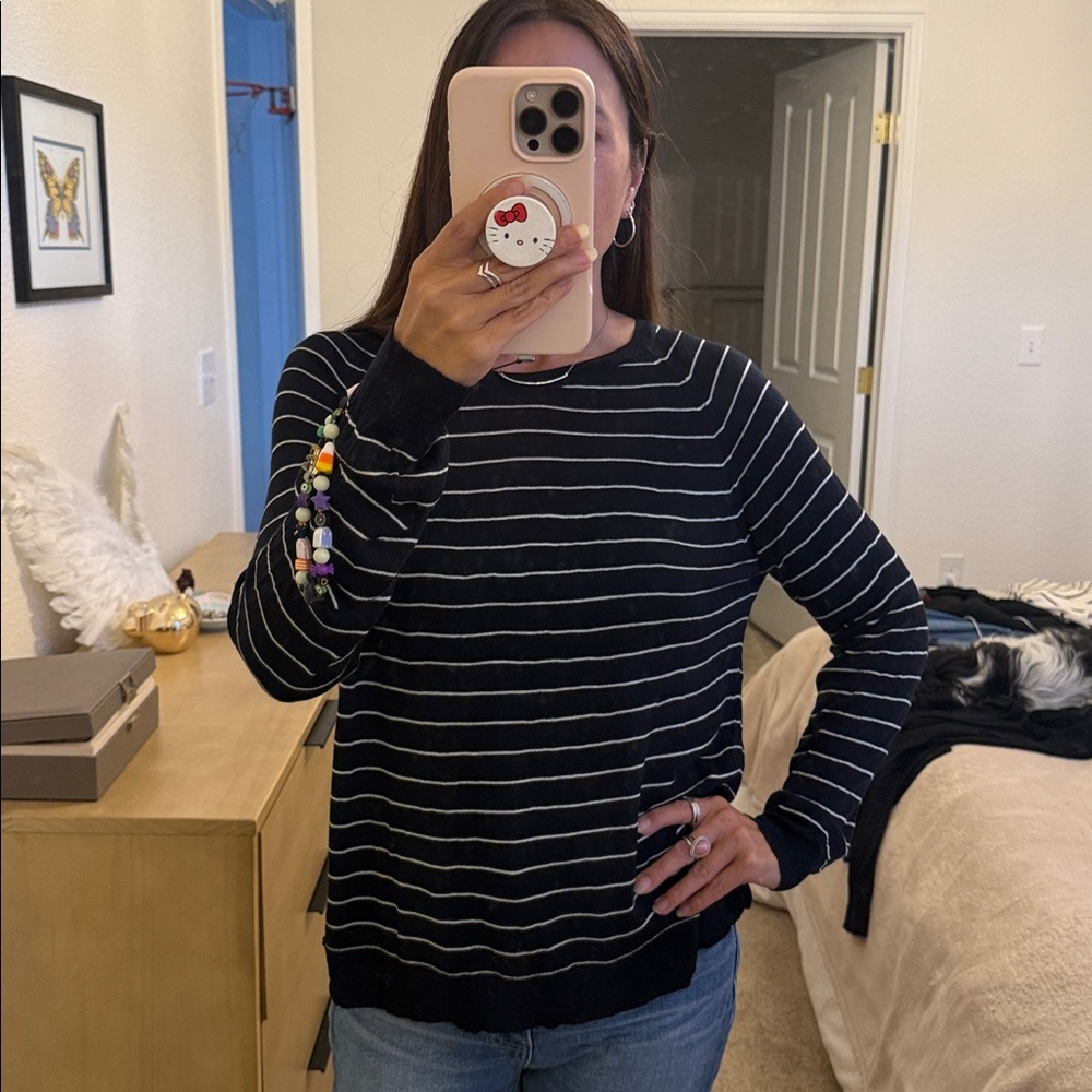 ZARA navy blue white striped knit sweater Large